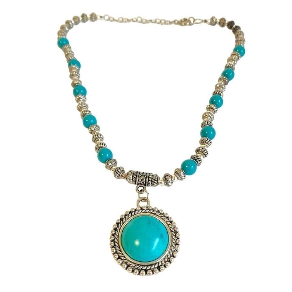 Turquoise‎ Silver Beaded Necklace Western Coastal Cowgirl Southwestern 70s Style